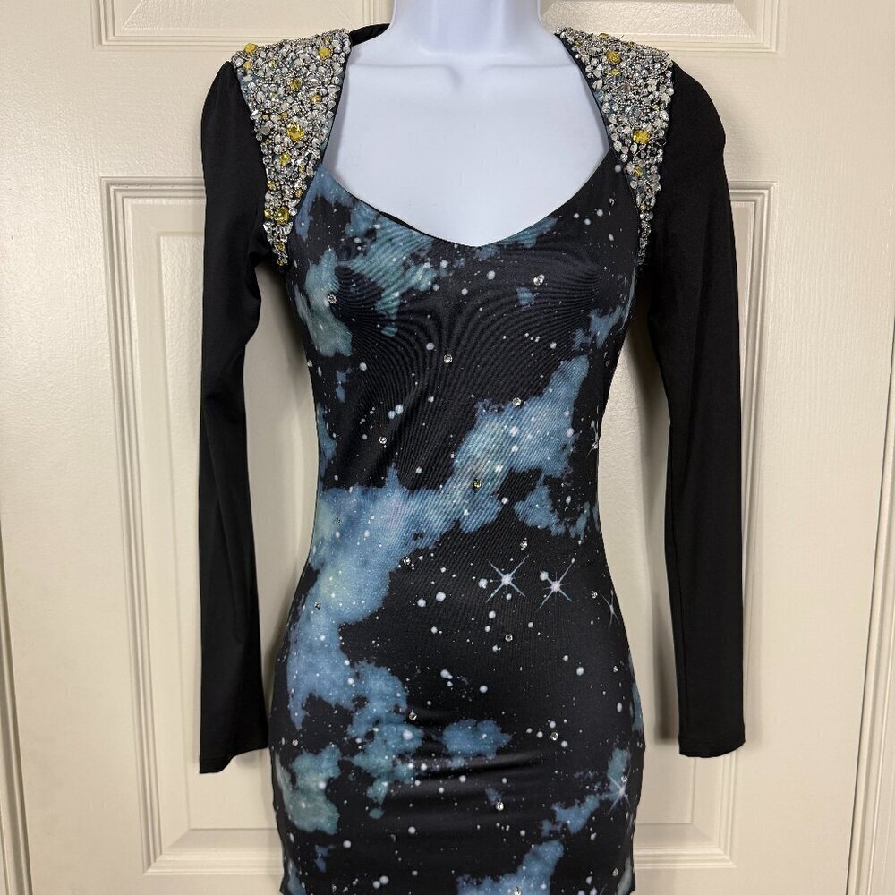Bebe Addiction Galaxy Rhinestone Trim Mini Dress XXS BNWT